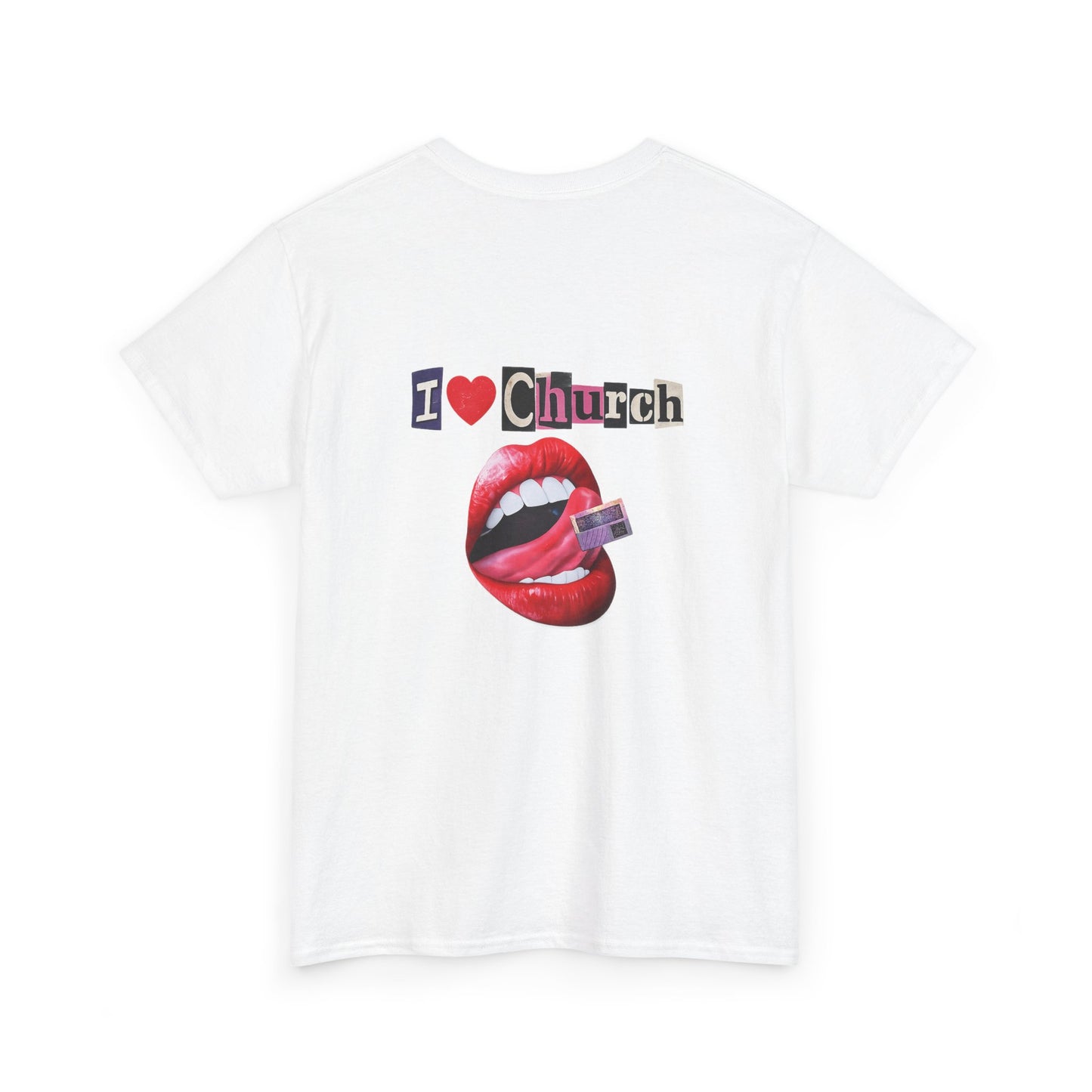 I Heart Church graphic tee | Band-inspired religious artwork, vintage rocker lips