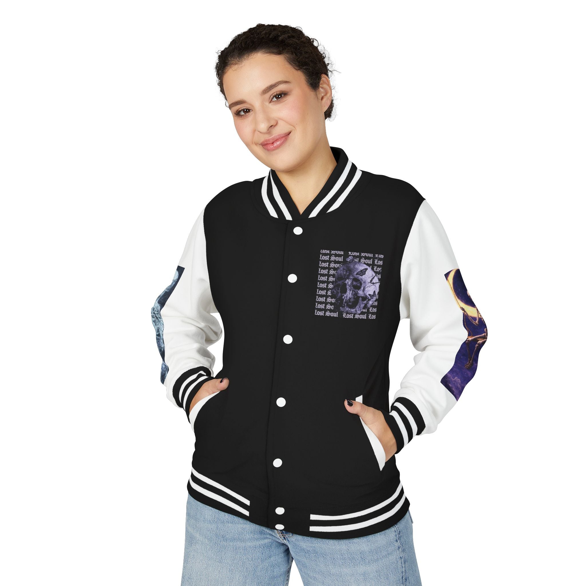 Lost Soul Letterman Jacket | Dark Skull Sleeve Graphics