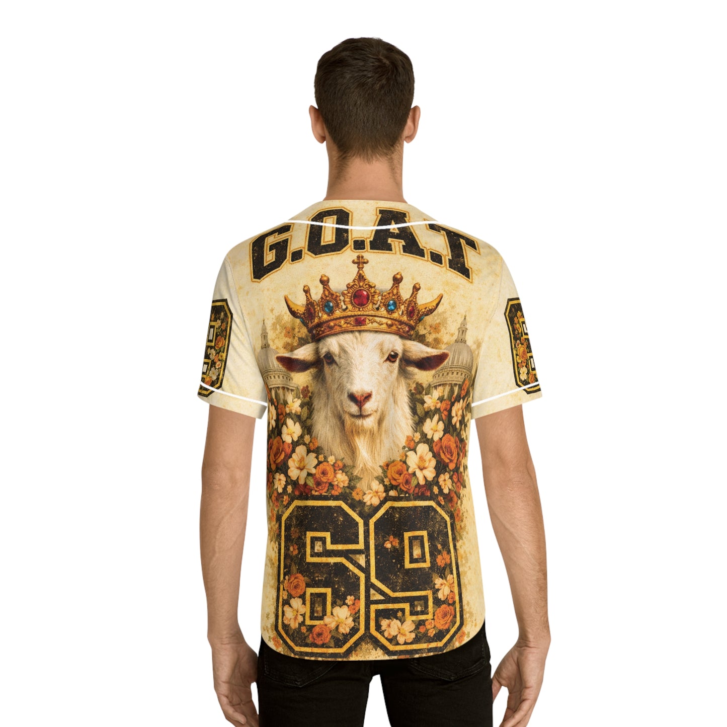 GOAT Crown Baseball Jersey – Vintage Floral Number 69 Men’s Jersey