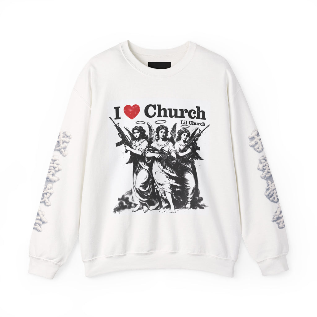 I  Heart Church Angels With Guns Sweatshirt — Retro Religious Pop Art Crewneck