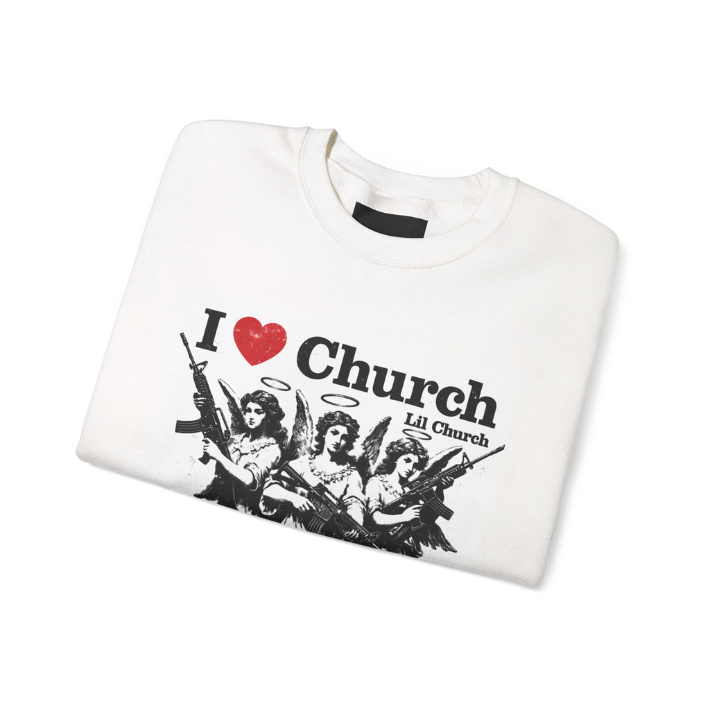 I  Heart Church Angels With Guns Sweatshirt — Retro Religious Pop Art Crewneck