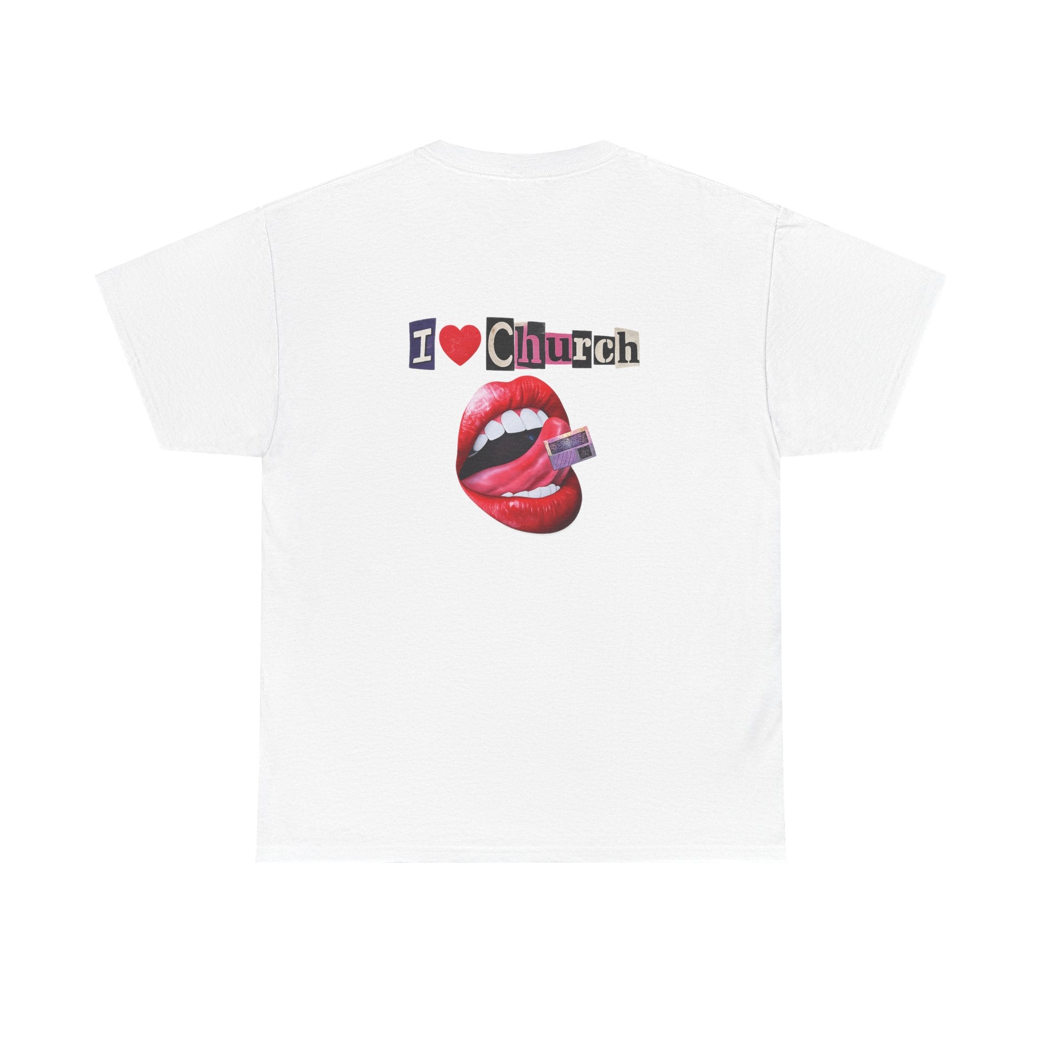 I Heart Church graphic tee | Band-inspired religious artwork, vintage rocker lips