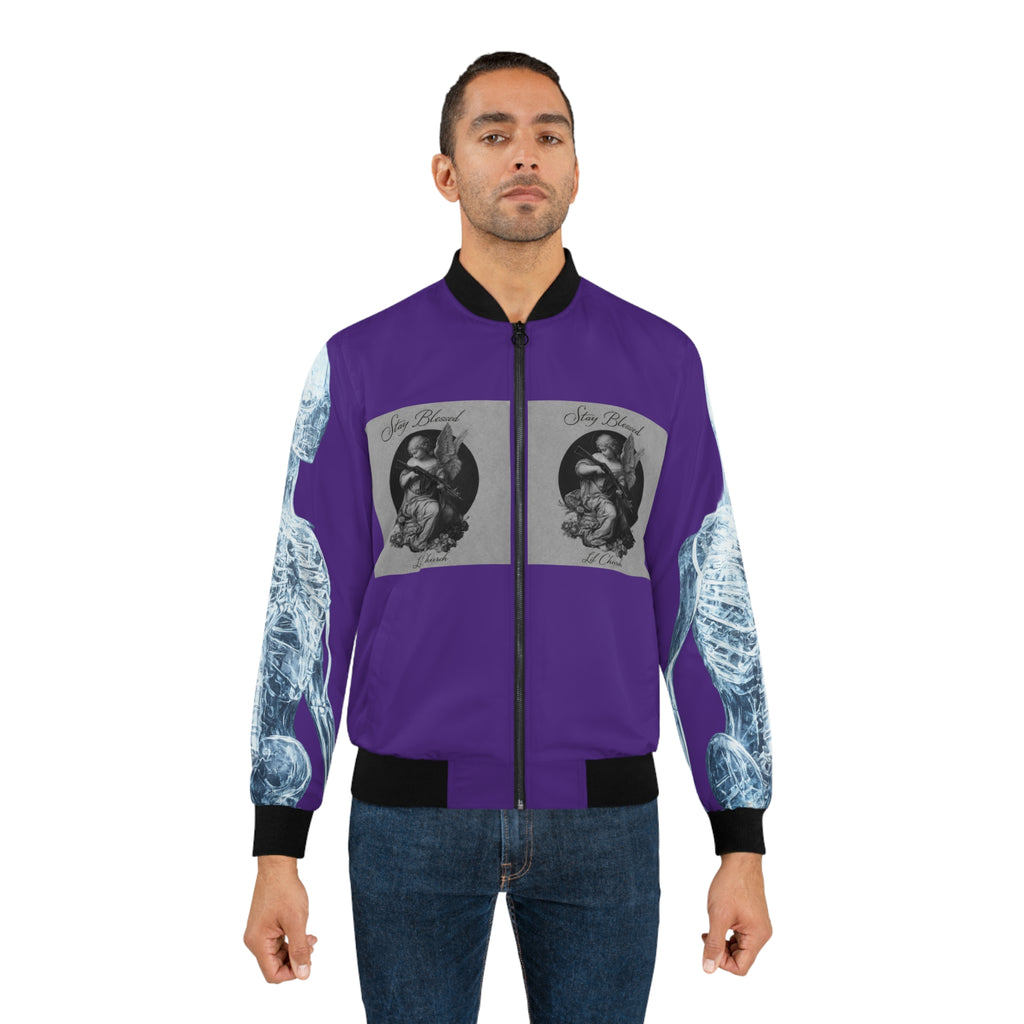 Angel Wings Bomber Jacket — Gothic Purple Skeleton & Cherub Graphic