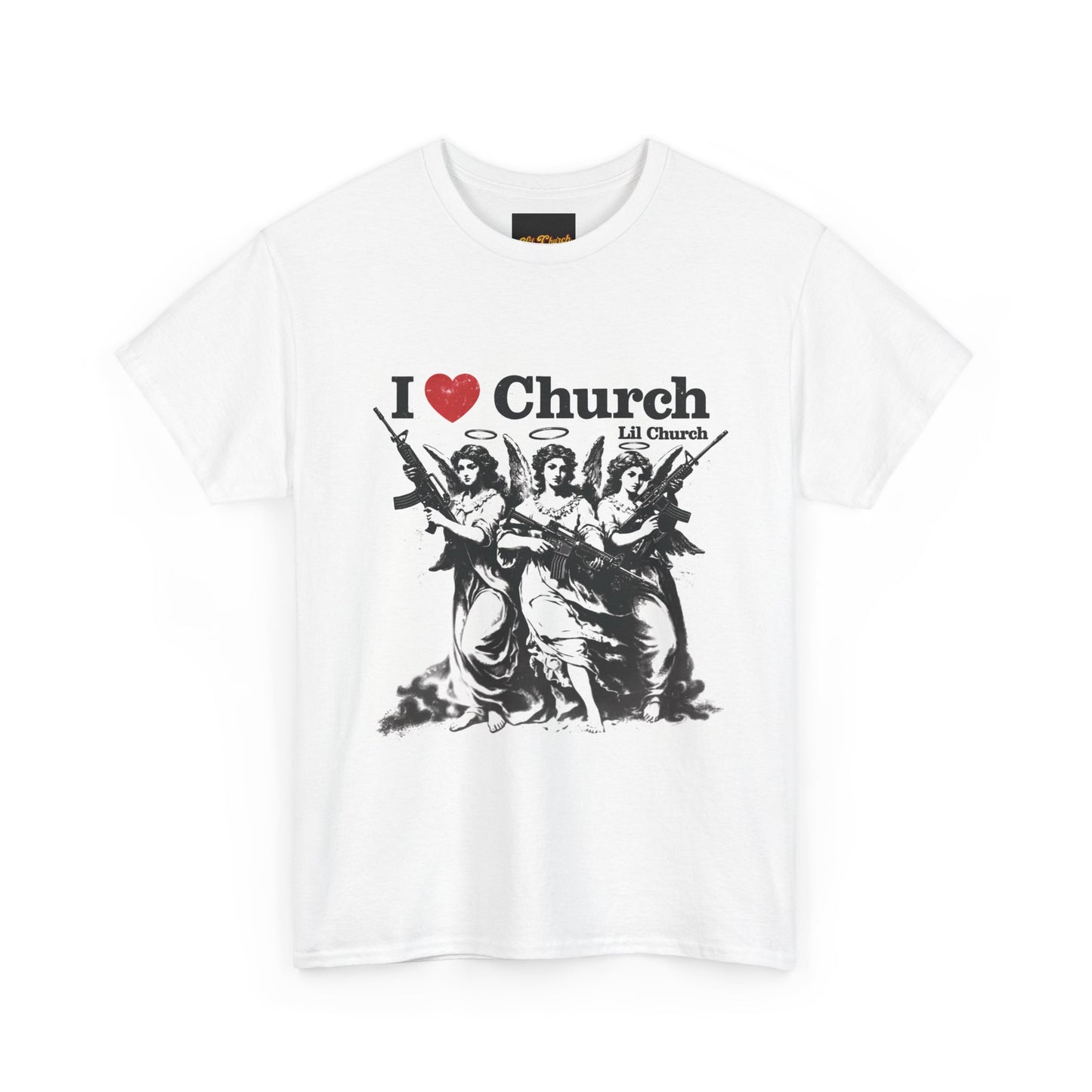 I Heart Church graphic tee | Band-inspired religious artwork, vintage rocker lips
