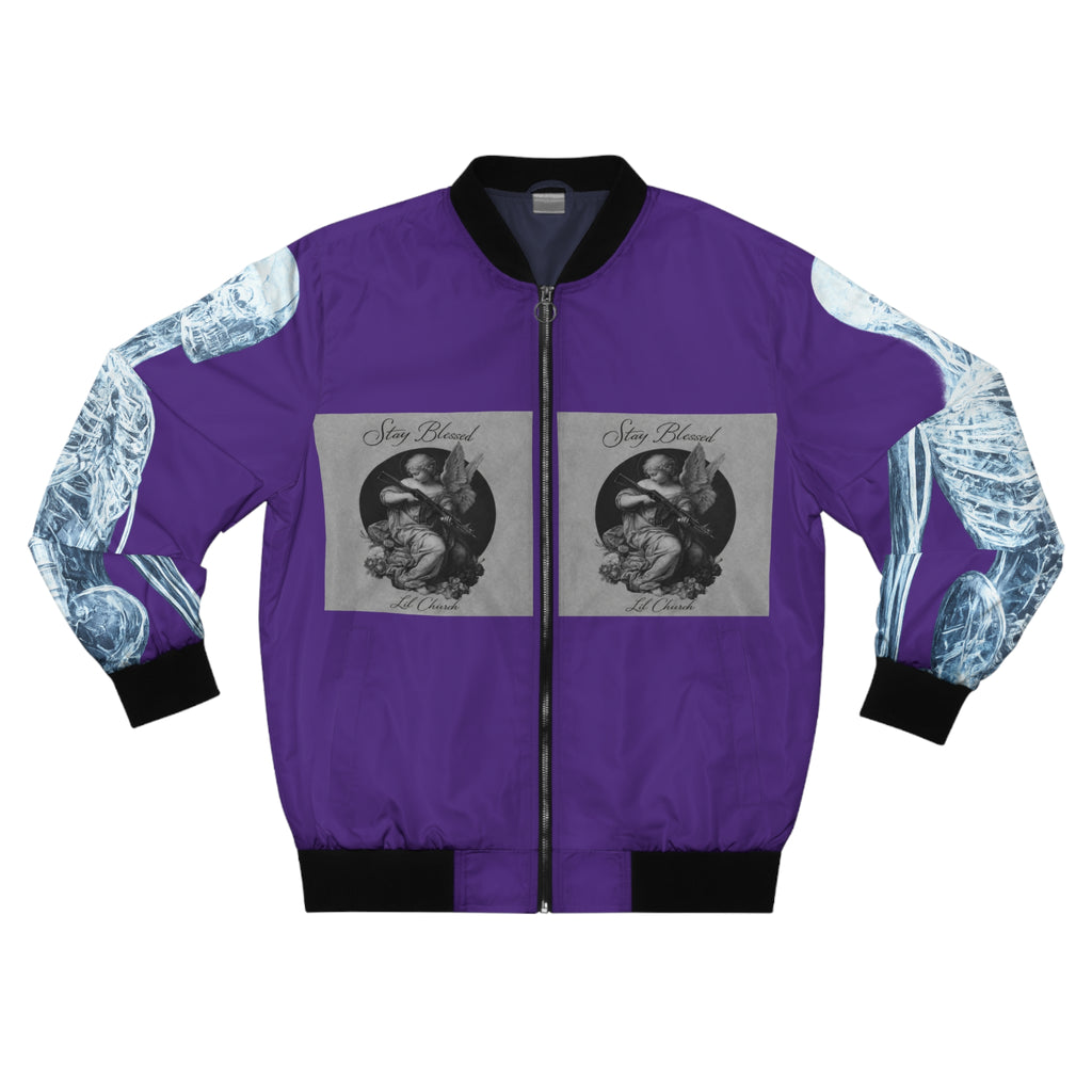 Angel Wings Bomber Jacket — Gothic Purple Skeleton & Cherub Graphic