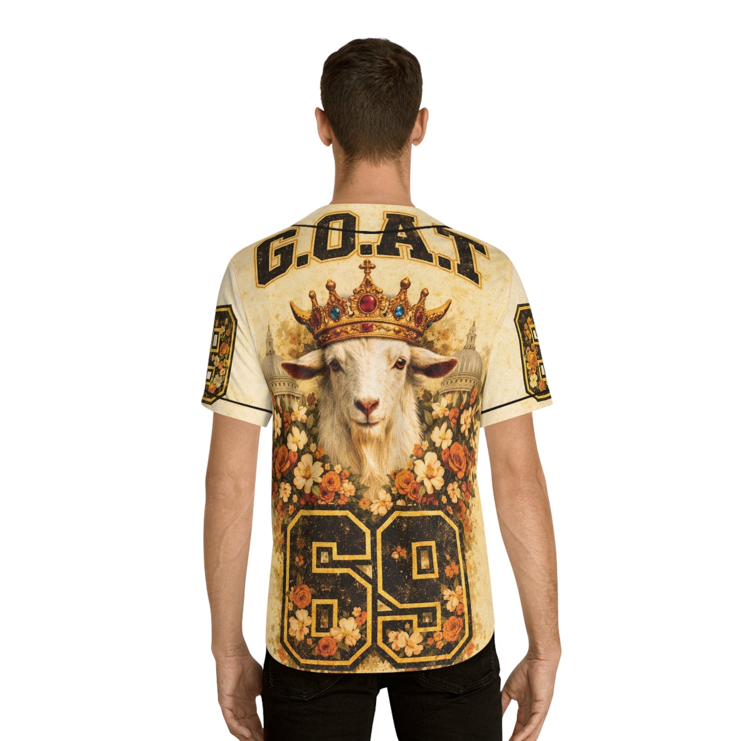 GOAT Crown Baseball Jersey – Vintage Floral Number 69 Men’s Jersey