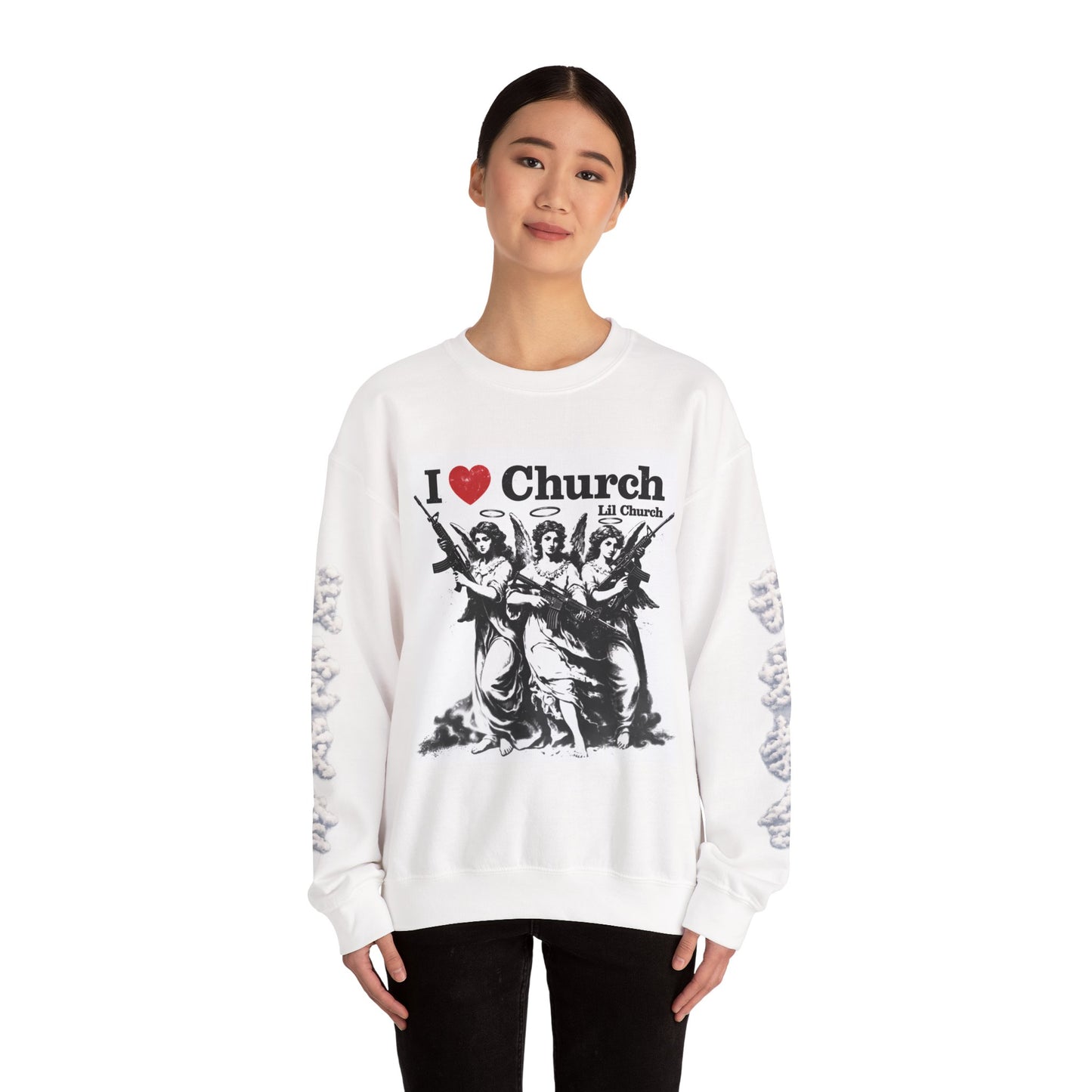 I  Heart Church Angels With Guns Sweatshirt — Retro Religious Pop Art Crewneck
