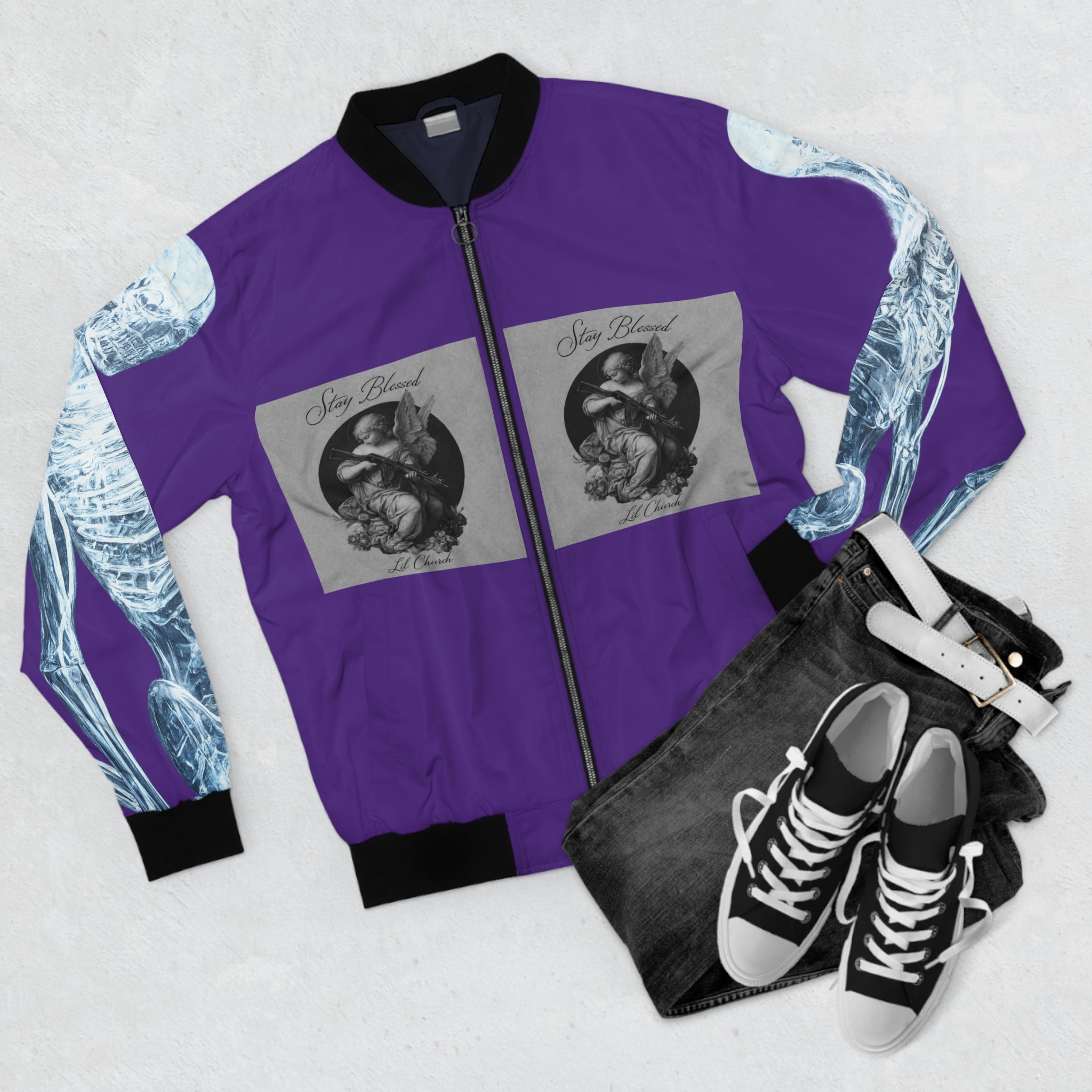 Angel Wings Bomber Jacket — Gothic Purple Skeleton & Cherub Graphic