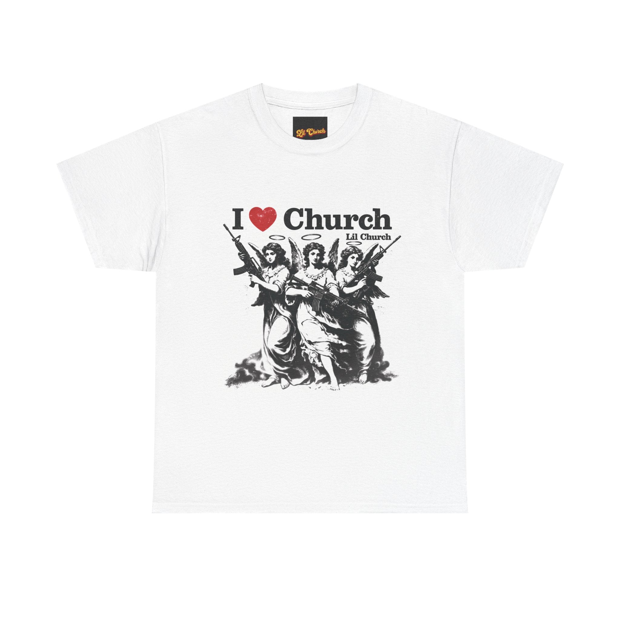 I Heart Church graphic tee | Band-inspired religious artwork, vintage rocker lips